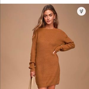 Lulu’s Bringing Sexy Back Camel Backless Sweater Dress. New with tags. Sz small.